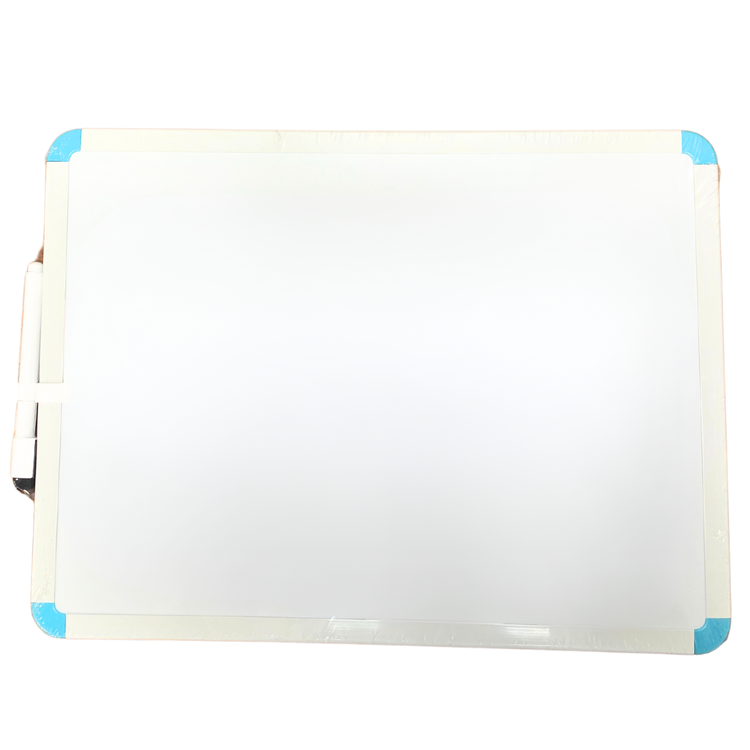 Small white school chalkboard with included marker from Farmacias Savia, ideal for writing and drawing in educational settings.