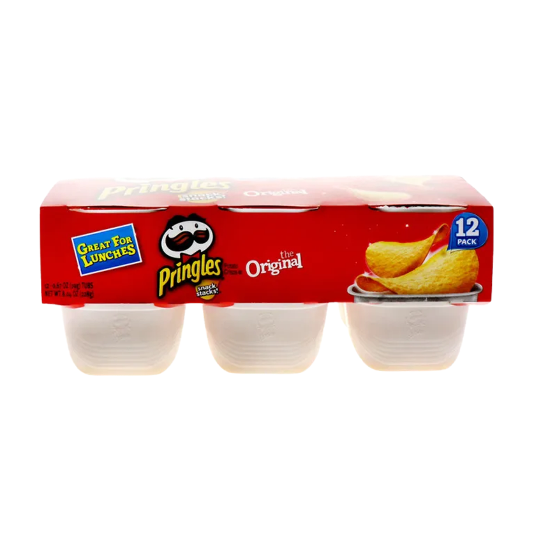 Stack of 12 cans of Pringles Snack Stacks Original potato chips in colorful packaging, each can shaped for easy stacking.