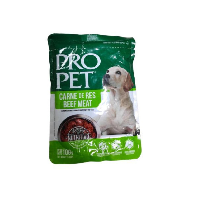 Pro Pet Beef Meat Pouch, 3.5 oz, savory pet food snack from Farmacias Savia, featuring tender beef in a convenient pouch.