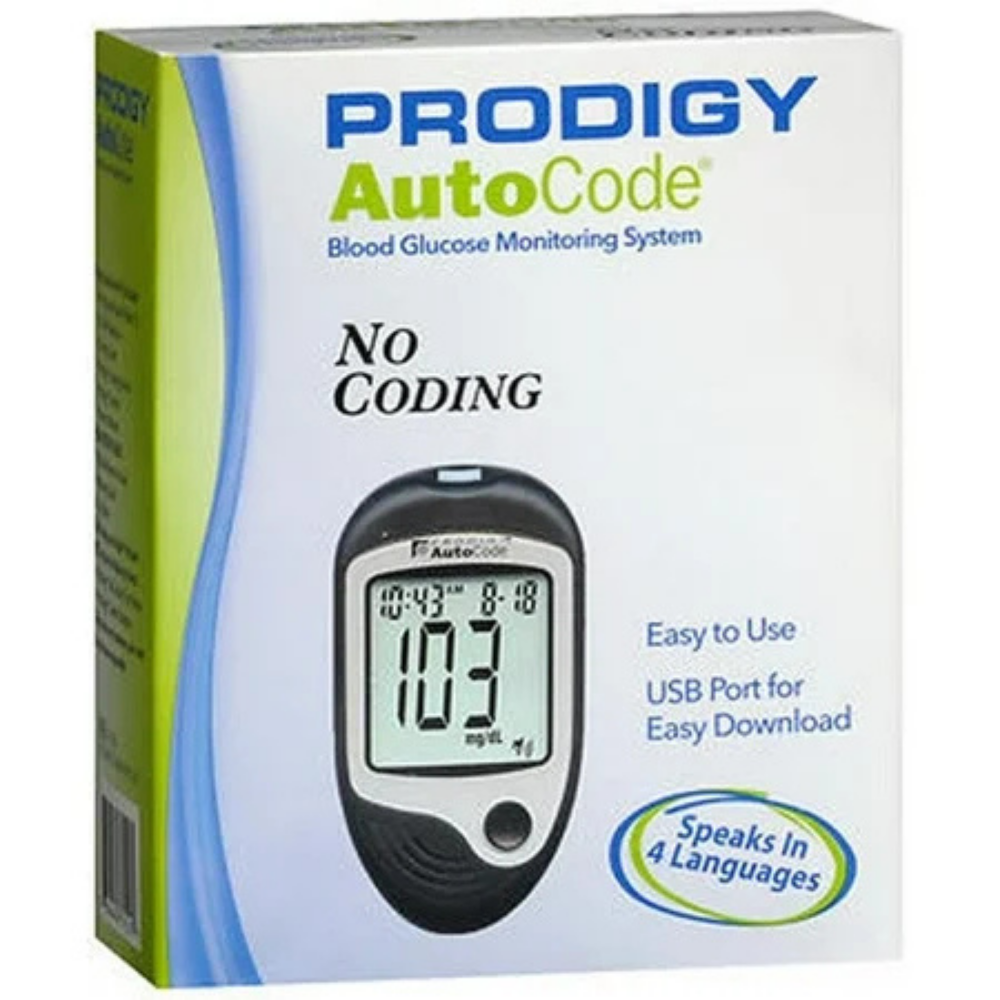 Prodigy AutoCode Blood Glucose Monitoring System by Farmacias Savia, medical device for blood sugar testing with digital display.