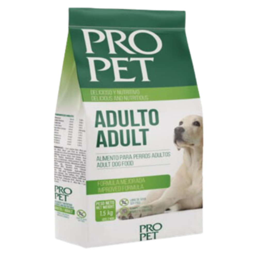Pro Pet Adult Dog Food in 3.3 lb bag, premium pet alimentation with farmacias Savia branding, featuring kibble and packaging details.