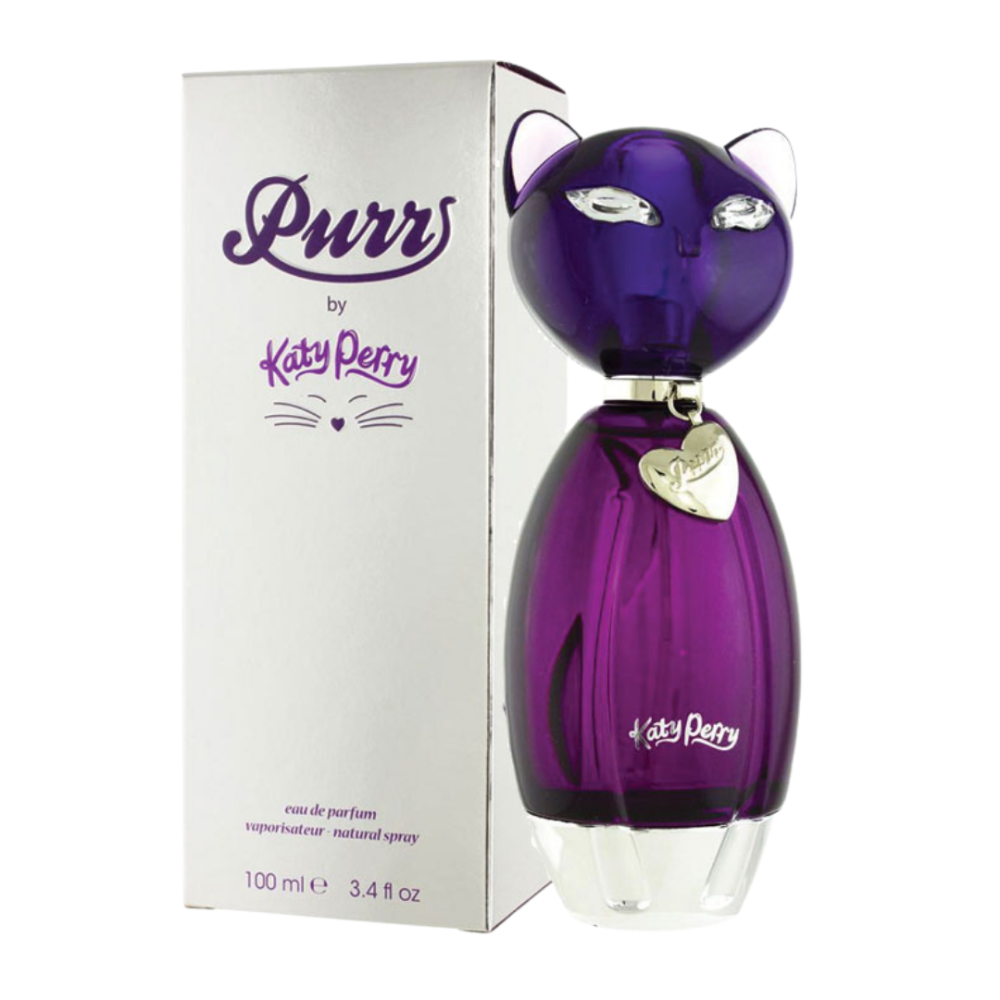 Purr by Katy Perry Eau de Parfum for women in a 3.4oz bottle, featuring a sleek design and floral fragrance.