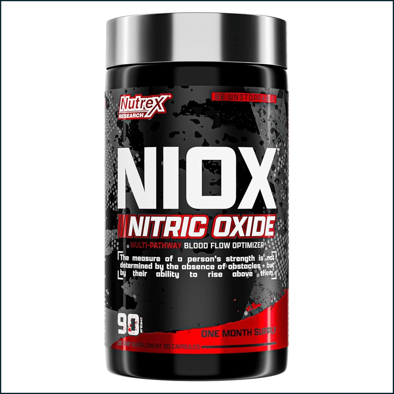Nutrex Niox Nitric Oxide pre-workout supplement bottle with 90 capsules, shown in a clear image highlighting the product label.