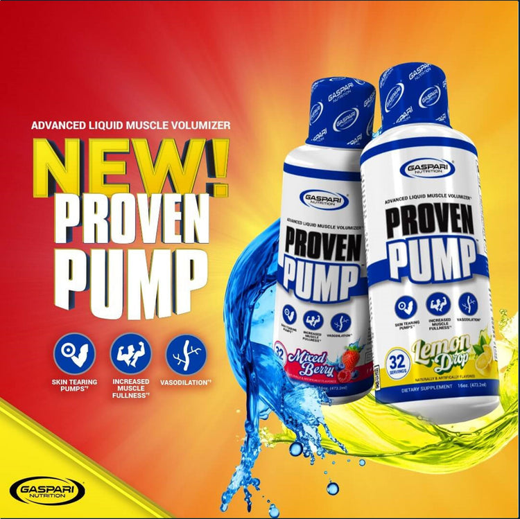 Gaspari Proven Pump muscle volumizer pre-workout supplement in a container with label and scoop for enhanced workout performance.