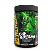 Bottle of Mutant Big Greens vitamins and herbs supplement with 30 servings, featuring green and herbal imagery on the label.