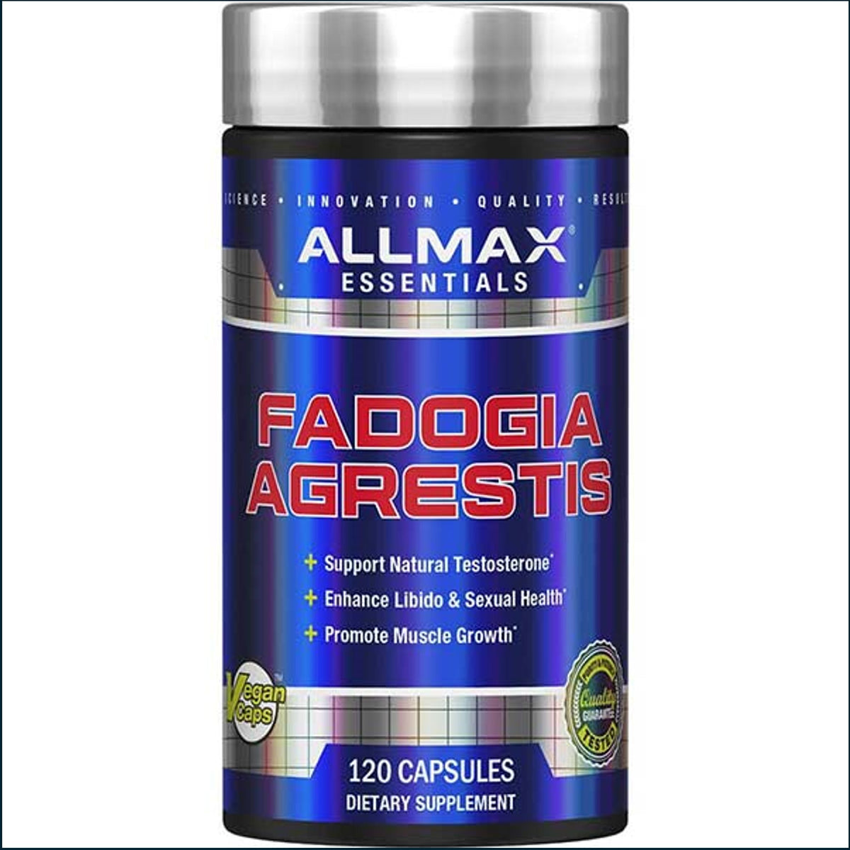 Allmax Fadogia Agrestis 325mg testosterone booster capsules in a bottle, designed to support hormone health and vitality.