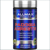 Allmax Fadogia Agrestis 325mg testosterone booster capsules in a bottle, designed to support hormone health and vitality.