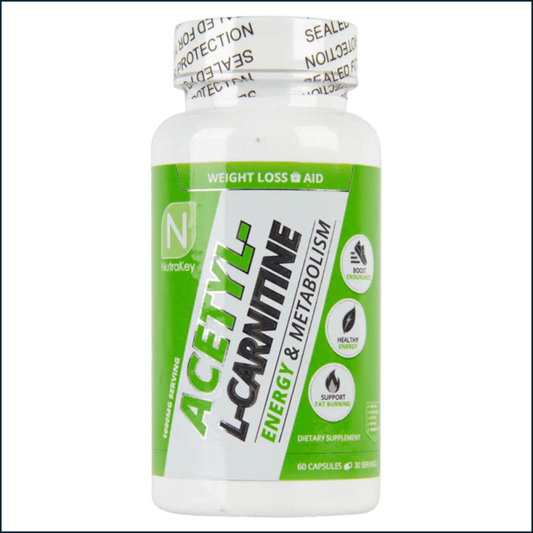 Bottle of NutraKey Acetyl-L-Carnitine 1000mg capsules for weight loss, with 60 capsules, on a white background.