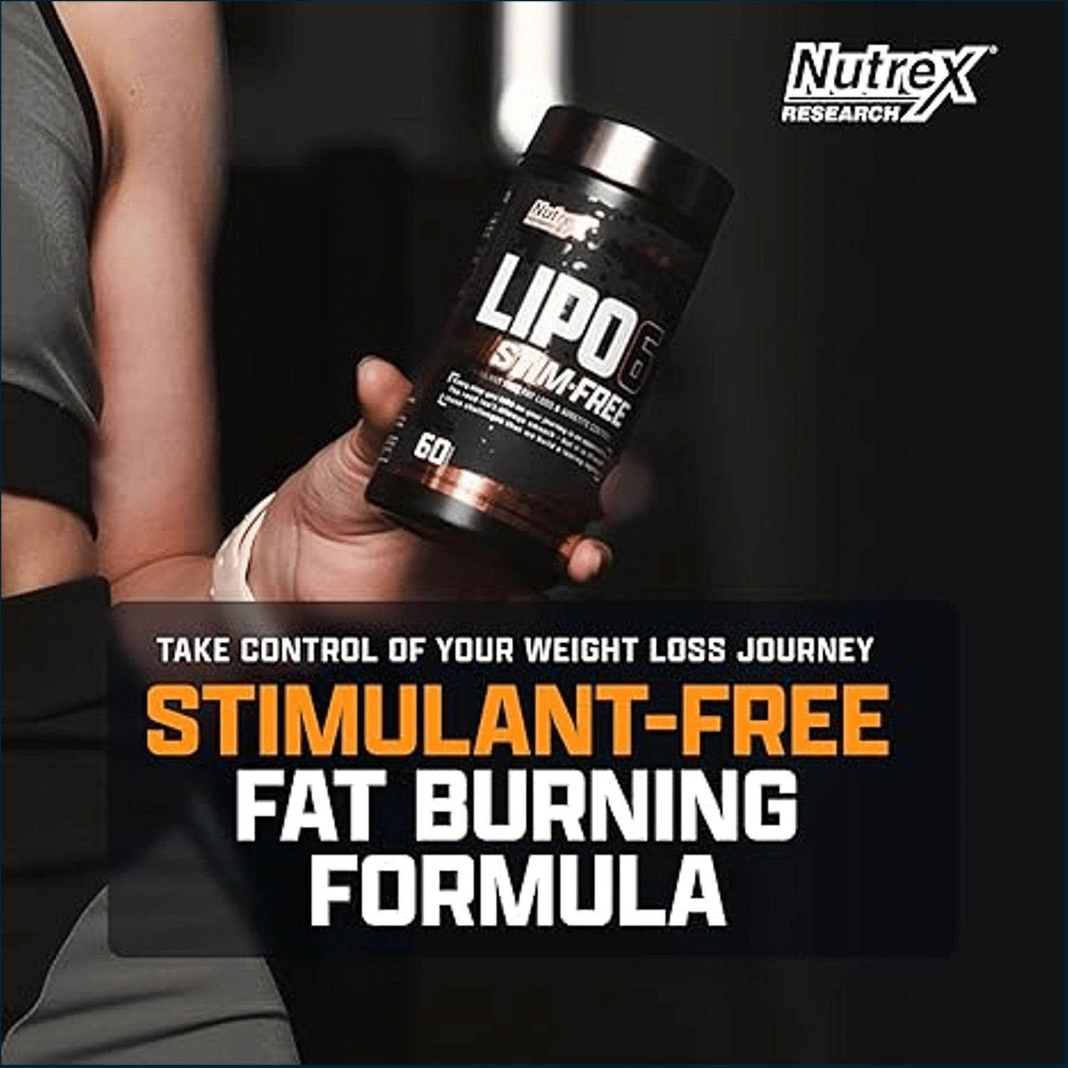 Nutrex LIPO-6 Stim-Free weight loss supplement bottles with 60 caps, natural ingredients, and new formula for fat burning.
