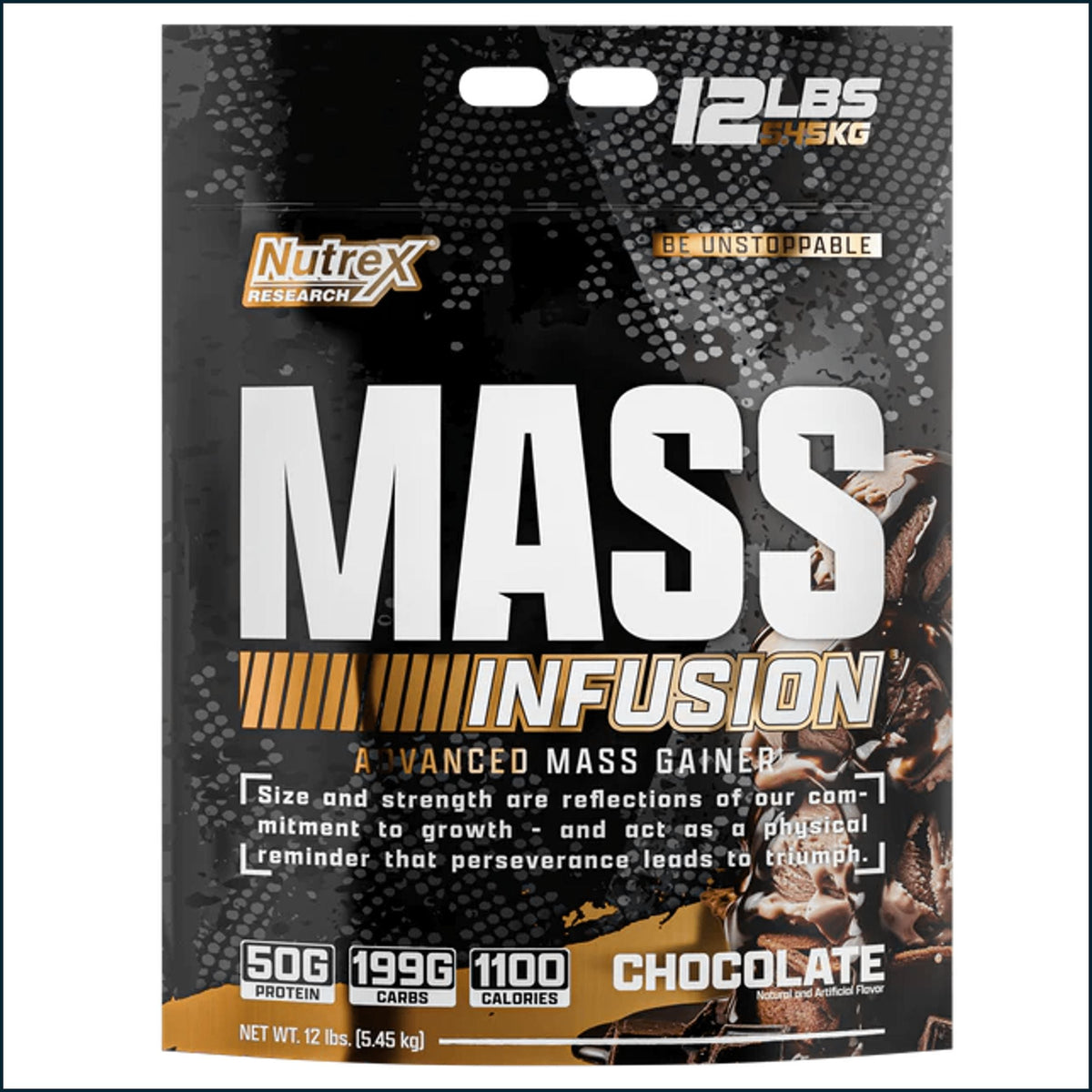 Nutrex Mass Infusion weight gainer supplement in 12lb bag, featuring a scoop of powder and serving size details.
