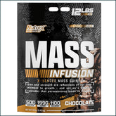 Nutrex Mass Infusion weight gainer supplement in 12lb bag, featuring a scoop of powder and serving size details.