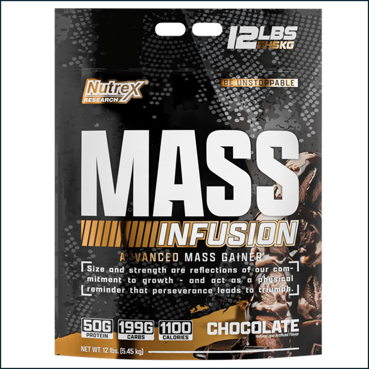 Nutrex Mass Infusion weight gainer supplement in 12lb bag, featuring a scoop of powder and serving size details.