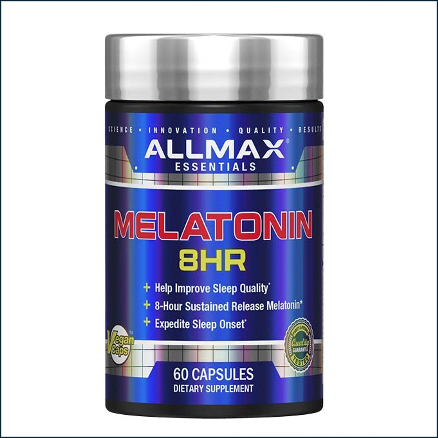 Allmax Melatonin HR 60 capsules bottle with label, dietary supplement for sleep support, vitamins and herbs supplement.