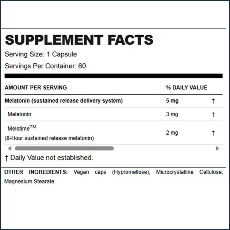 Allmax Melatonin HR 60 capsules, dietary supplement in a white bottle with a blue label, designed for sleep support.