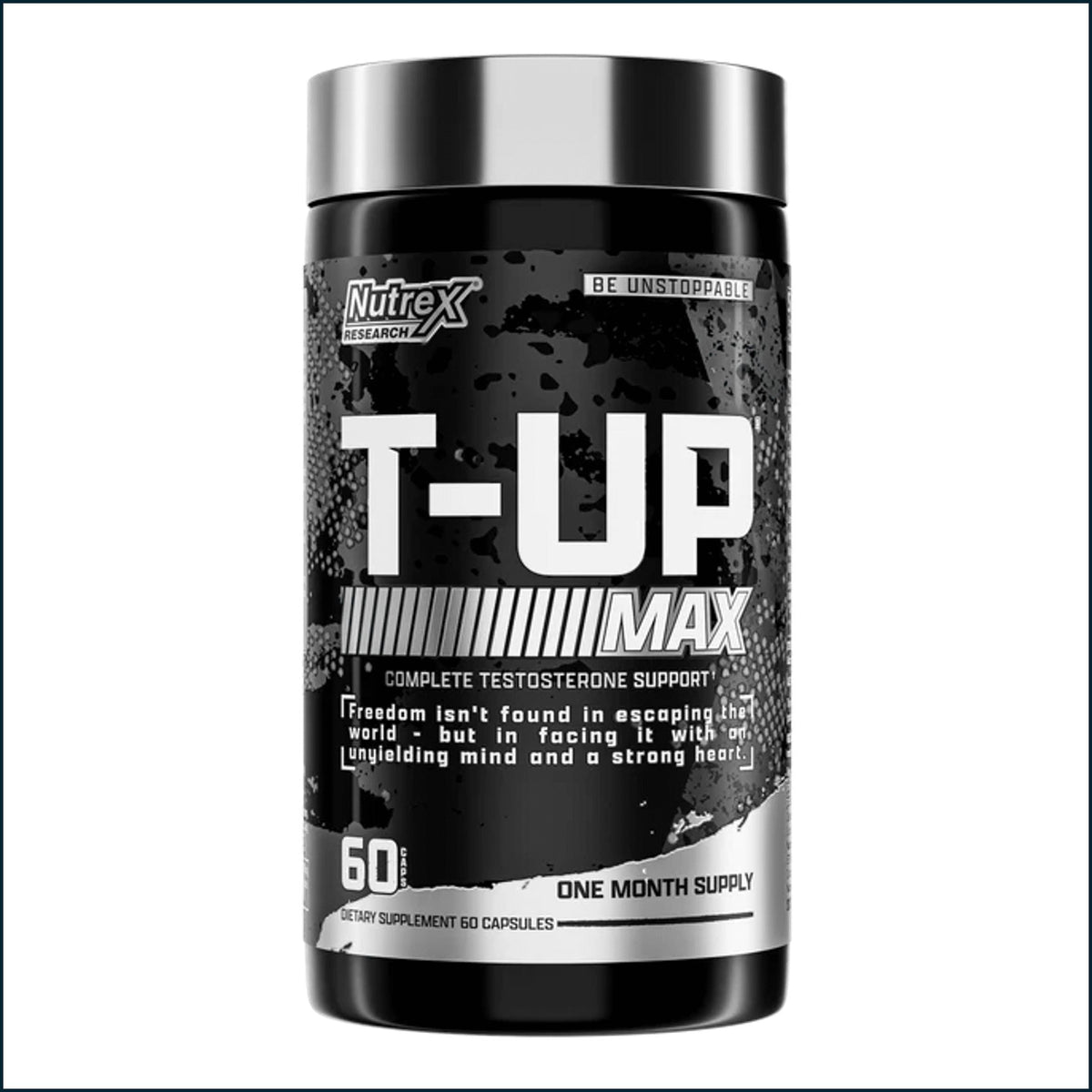 Nutrex T-Up Max testosterone booster capsules showing the supplement bottle with 60 caps, designed for muscle and energy support.