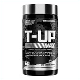 Nutrex T-Up Max testosterone booster capsules showing the supplement bottle with 60 caps, designed for muscle and energy support.