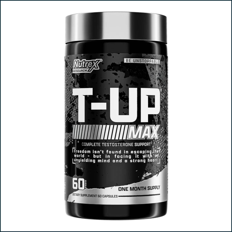 Nutrex T-Up Max testosterone booster capsules showing the supplement bottle with 60 caps, designed for muscle and energy support.