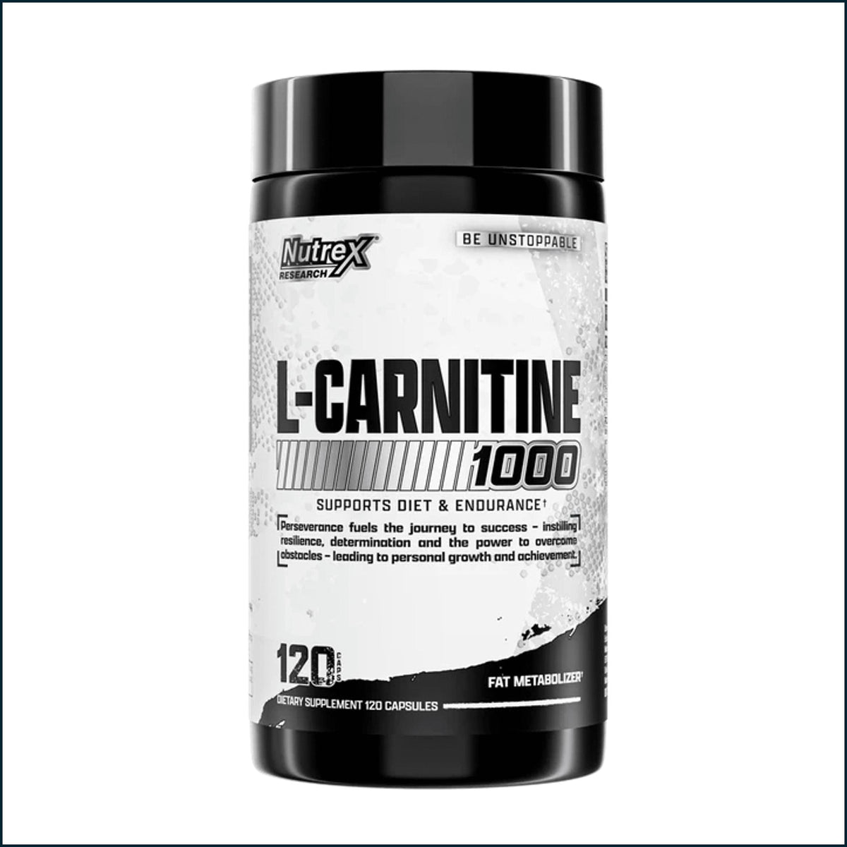 Nutrex L-Carnitine 1000 weight loss supplement bottle with 120 capsules, featuring white and green label design.