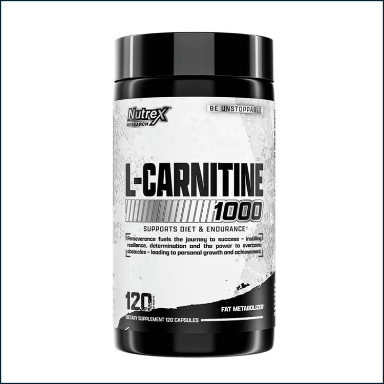 Nutrex L-Carnitine 1000 weight loss supplement bottle with 120 capsules, featuring white and green label design.
