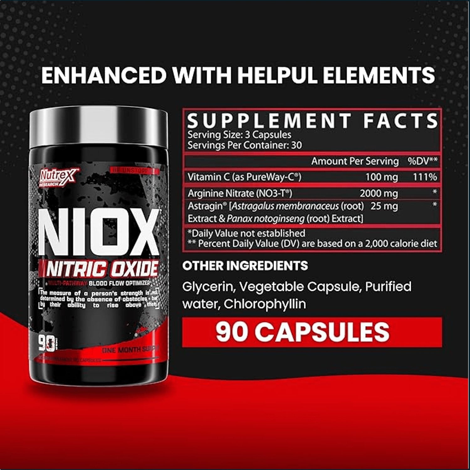 Nutrex Niox Nitric Oxide pre-workout supplement bottles with 90 capsules, featuring vibrant label design and supplement details.