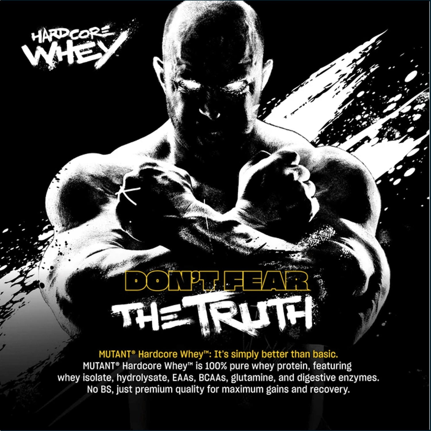 Container of Mutant Hardcore Whey protein powder in a 5lb package from PoorBoySupplements.com, with a label featuring bold branding and product info.