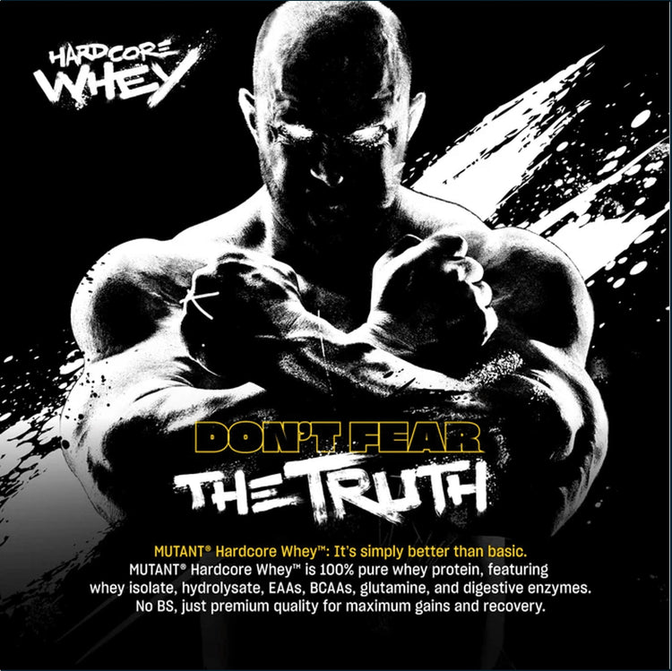 Container of Mutant Hardcore Whey protein powder in a 5lb package from PoorBoySupplements.com, with a label featuring bold branding and product info.
