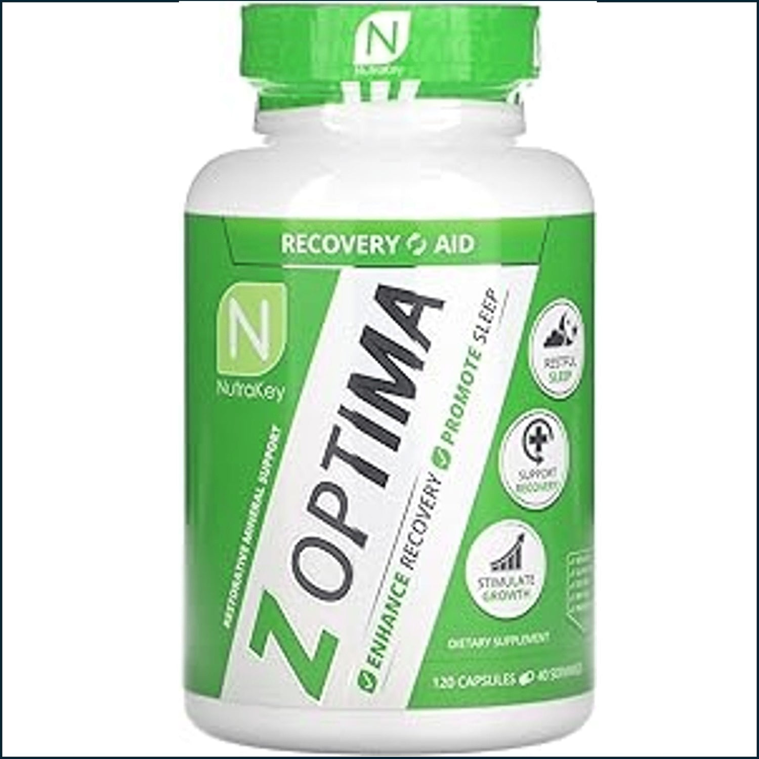 NutraKey Z Optima ZMA supplement in 120 capsules, vitamin and herbal product designed to support sleep and recovery.