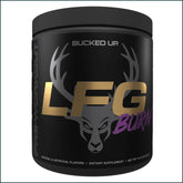 Bucked Up LFG Burn thermogenic pre-workout powder in a container, 30 servings, by PoorBoySupplements.com, with scoop and label visible.
