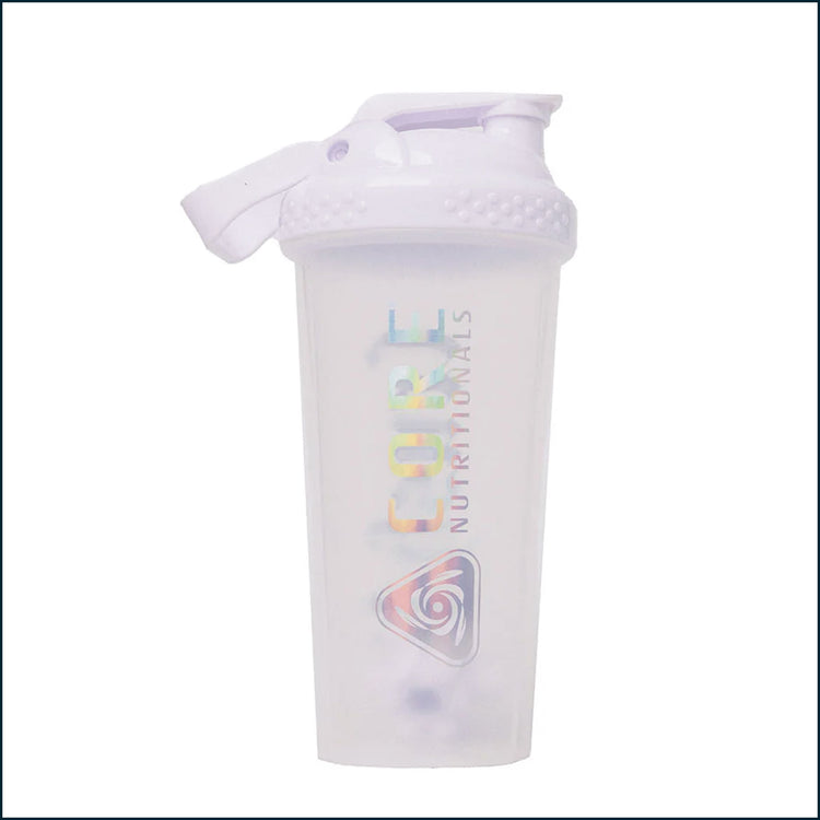 25oz Core Nutritionals Crush It protein shaker bottle with a secure lid and durable plastic construction, ideal for mixing protein drinks.