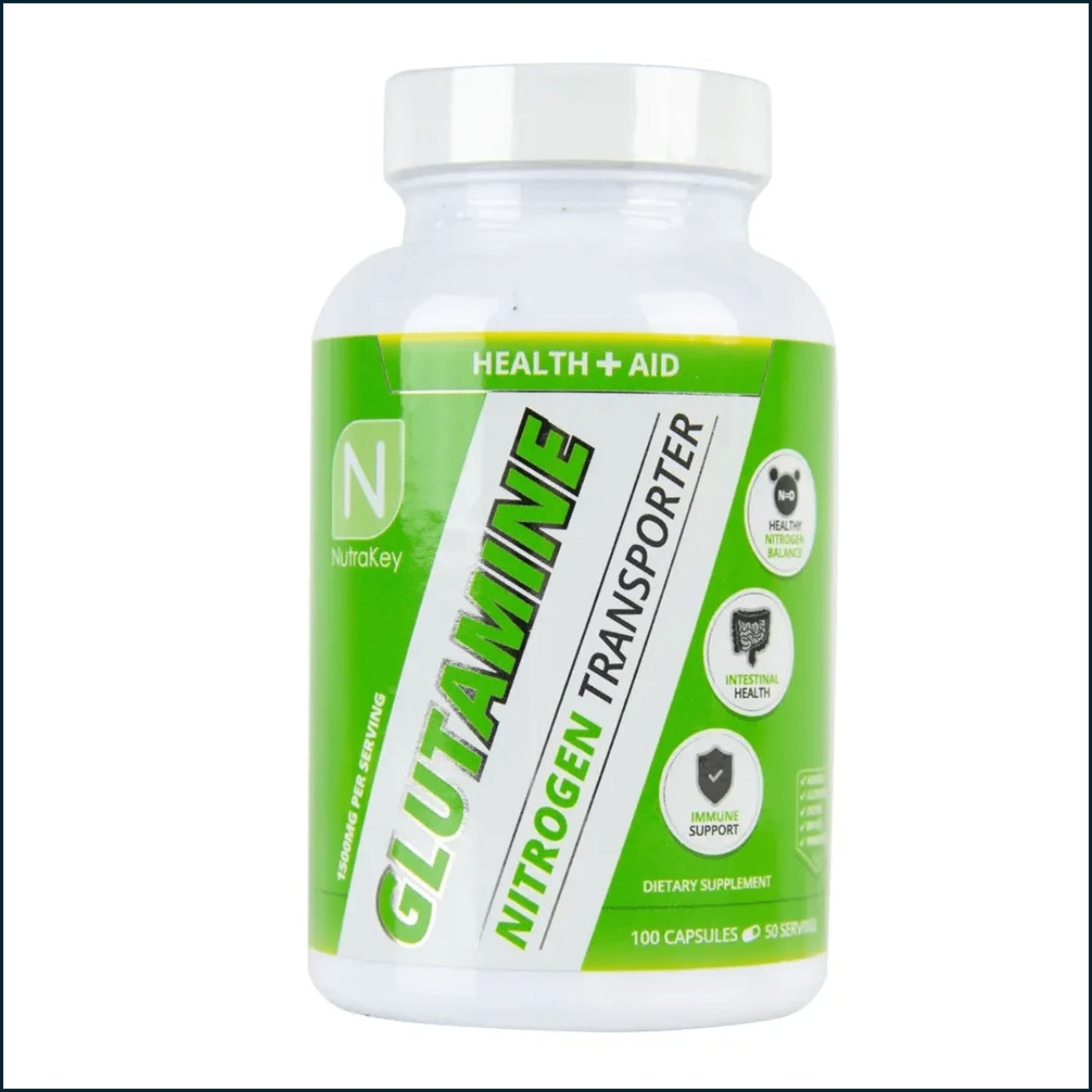 Close-up of NutraKey Glutamine 900mg capsules for joint support, arranged in a clear container with a plain background.