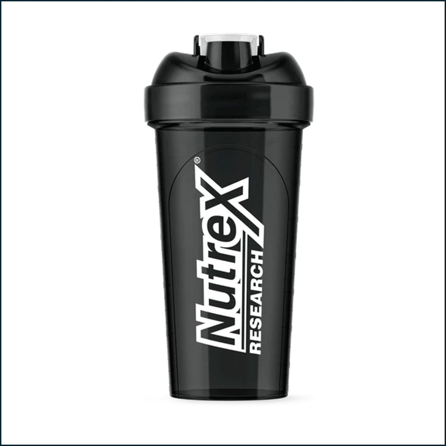 Black and white Nutrex shaker bottle with a 25oz capacity, featuring a secure lid and ergonomic design for easy mixing.