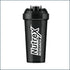 Black and white Nutrex shaker bottle with a 25oz capacity, featuring a secure lid and ergonomic design for easy mixing.