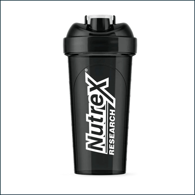 Black and white Nutrex shaker bottle with a 25oz capacity, featuring a secure lid and ergonomic design for easy mixing.