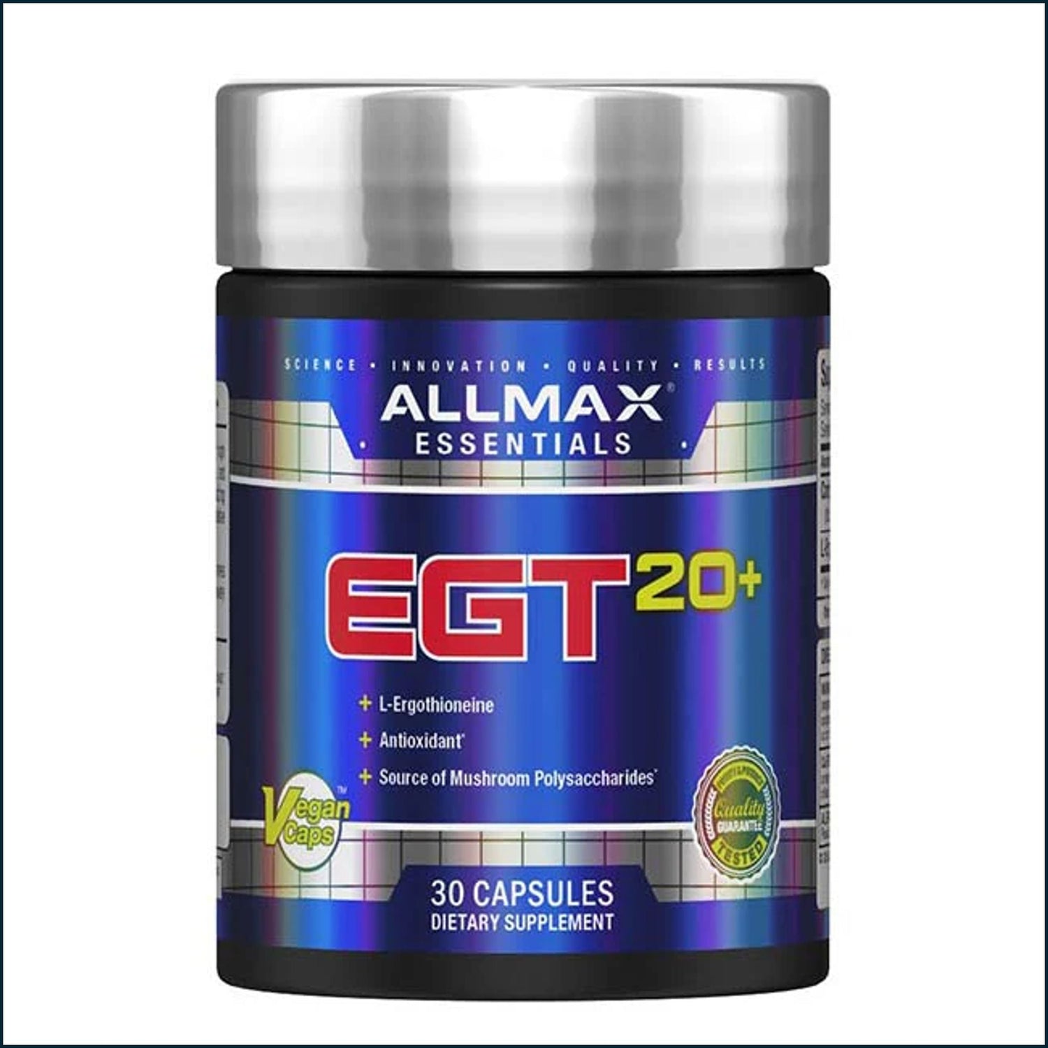 Allmax EGT20+ BCAA amino acids supplement in a bottle with 30 capsules, designed for muscle recovery and hydration.