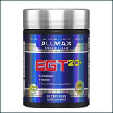 Allmax EGT20+ BCAA amino acids supplement in a bottle with 30 capsules, designed for muscle recovery and hydration.