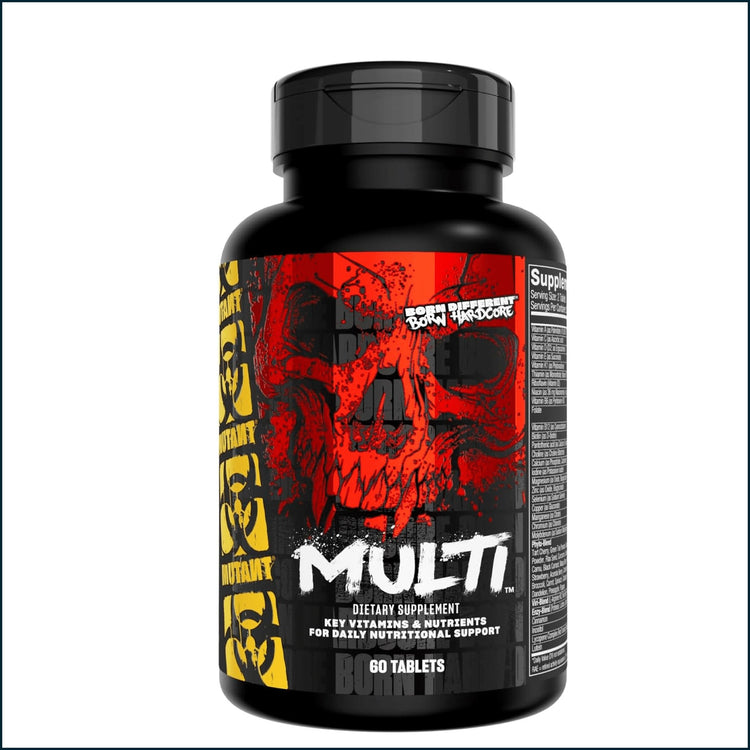 Mutant Multi vitamin bottle with 60 caplets from PoorBoySupplements, featuring colorful label and caplet capsules.