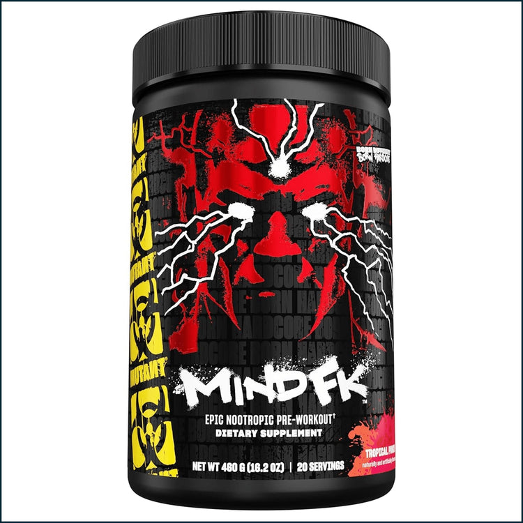 Mutant MindFK pre-workout supplement by PoorBoySupplements.com in a container with label, 20 servings of mental focus formula.
