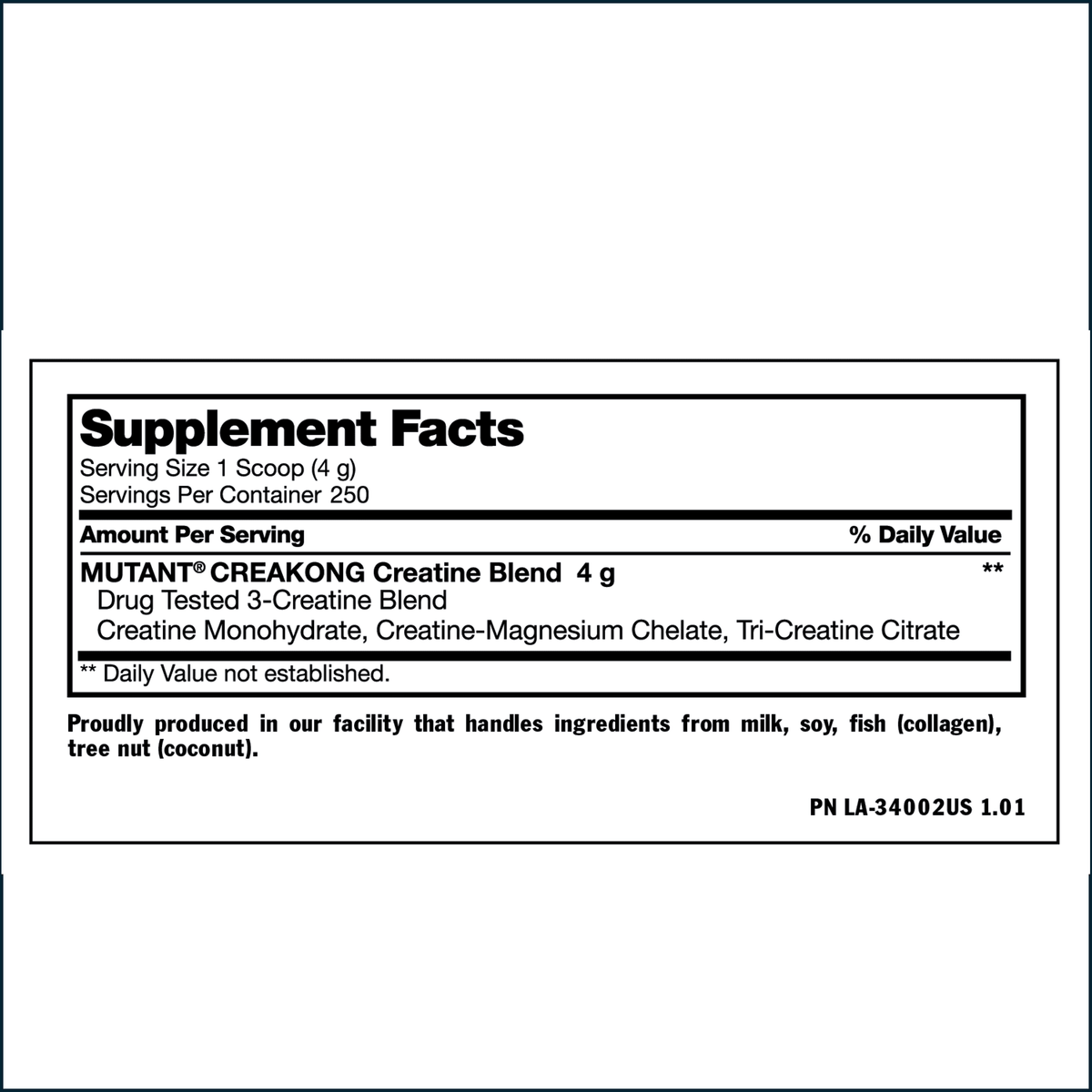Mutant Creakong Kre-Alkalyn creatine supplement jar with label, 250 servings, by PoorBoySupplements.com.