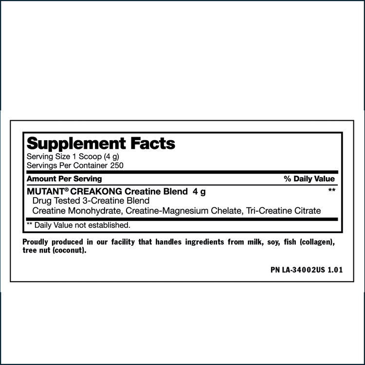 Mutant Creakong Kre-Alkalyn creatine supplement jar with label, 250 servings, by PoorBoySupplements.com.