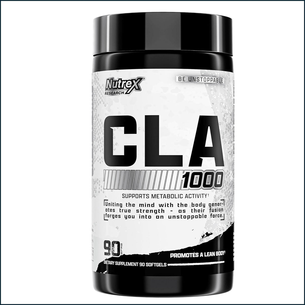 Nutrex CLA 1000 softgels for weight loss, featuring 90 capsules in clear bottle with label showing product details.