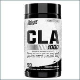 Nutrex CLA 1000 softgels for weight loss, featuring 90 capsules in clear bottle with label showing product details.