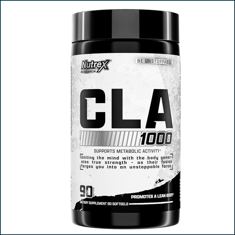 Nutrex CLA 1000 softgels for weight loss, featuring 90 capsules in clear bottle with label showing product details.