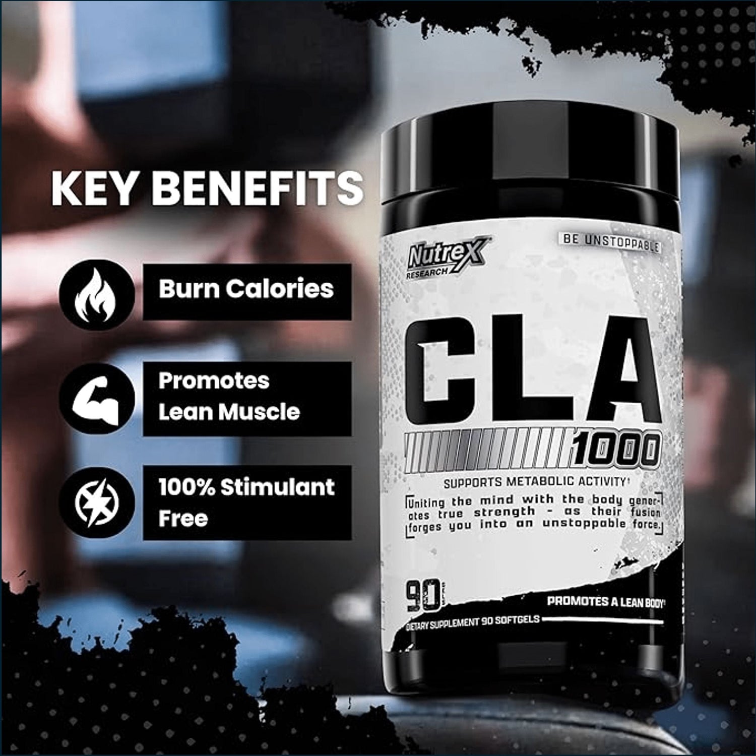 Close-up of Nutrex CLA 1000 softgel capsules for weight loss, arranged in a container with label visible.