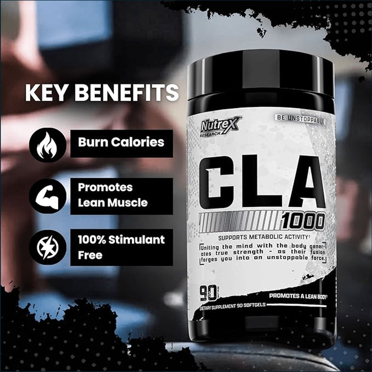 Close-up of Nutrex CLA 1000 softgel capsules for weight loss, arranged in a container with label visible.