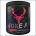 Bucked Up Woke AF high stimulant pre-workout powder in a container with a scoop and label showing 30 servings.