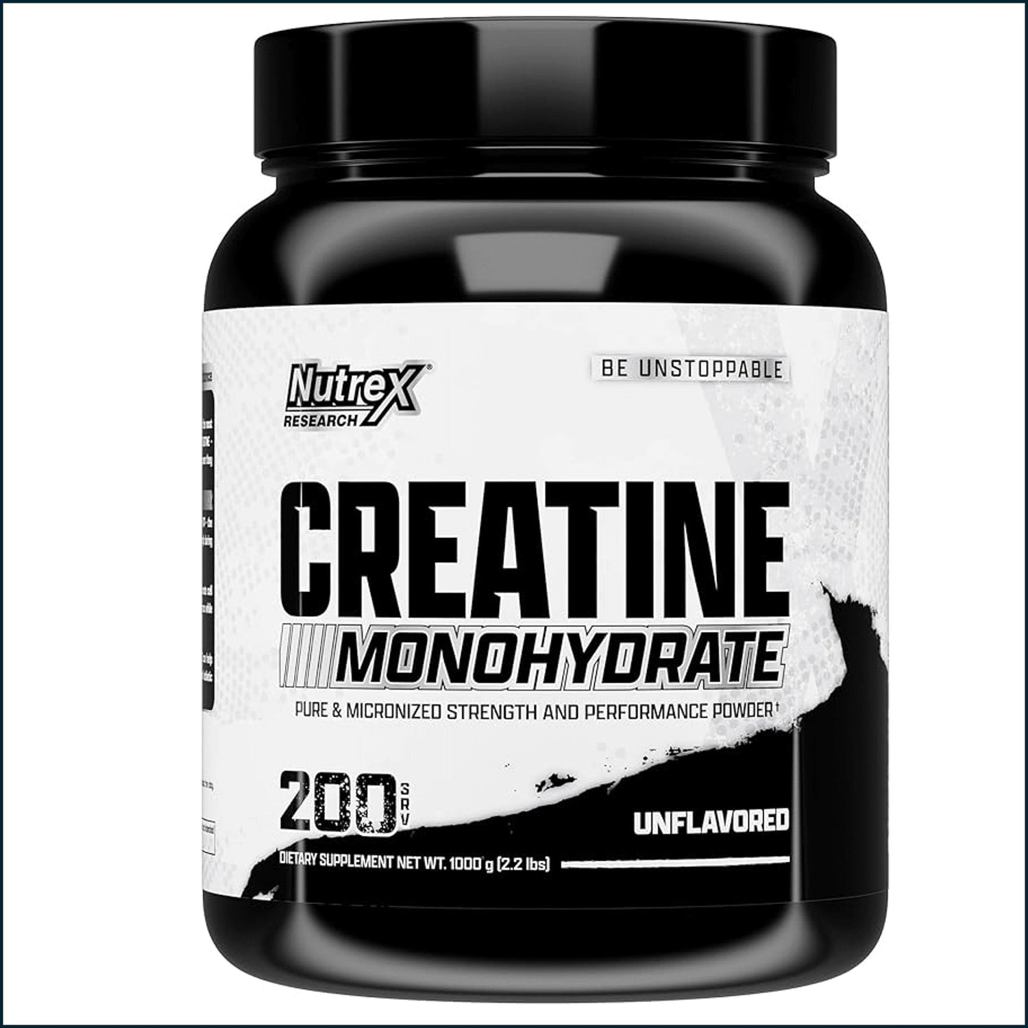 Container of Nutrex Creatine Monohydrate powder with a scoop, labeled for 200 servings, in a clear plastic jar