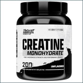 Container of Nutrex Creatine Monohydrate powder with a scoop, labeled for 200 servings, in a clear plastic jar