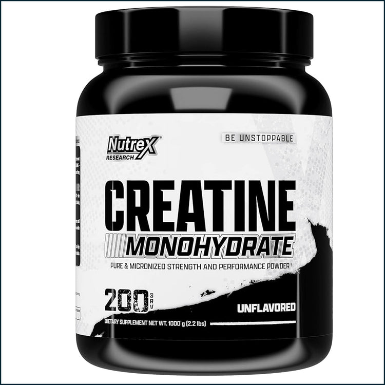 Container of Nutrex Creatine Monohydrate powder with a scoop, labeled for 200 servings, in a clear plastic jar