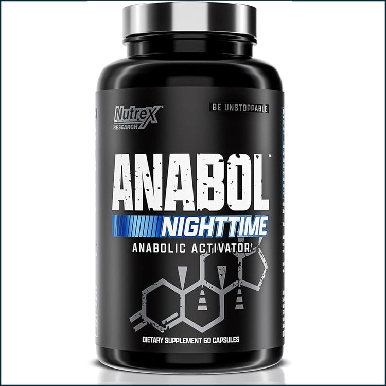 Nutrex Anabol NightTime testosterone booster supplement bottle with 60 capsules, designed to support hormone health.