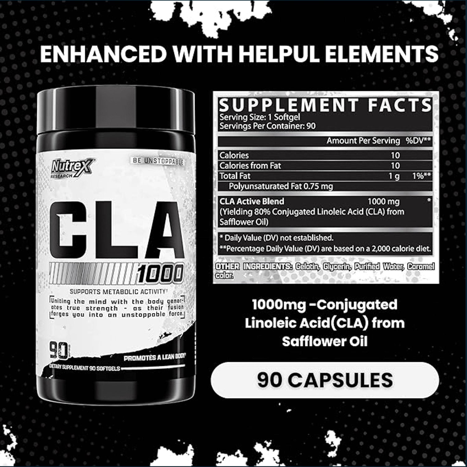 Nutrex CLA 1000 weight loss softgel bottle with 90 capsules, featuring orange and white packaging with product label.